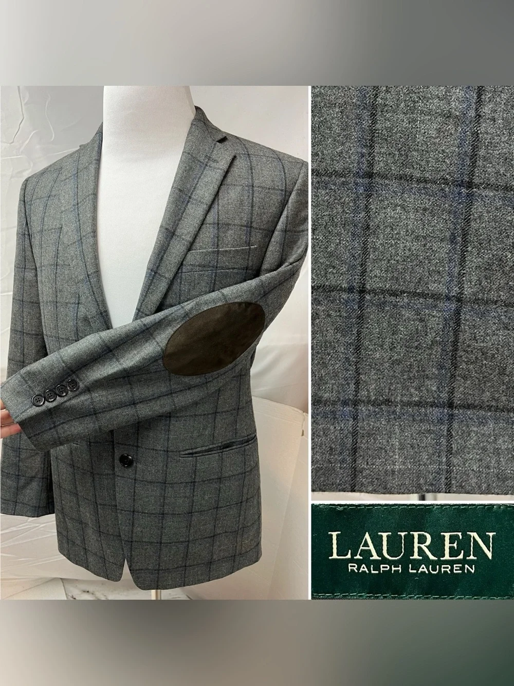 Ralph Lauren Men's 38R Gray Plaid Brown Elbow Patches Wool Blazer Jacket Coat